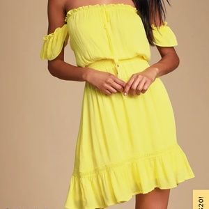 Bright yellow off the shoulder dress